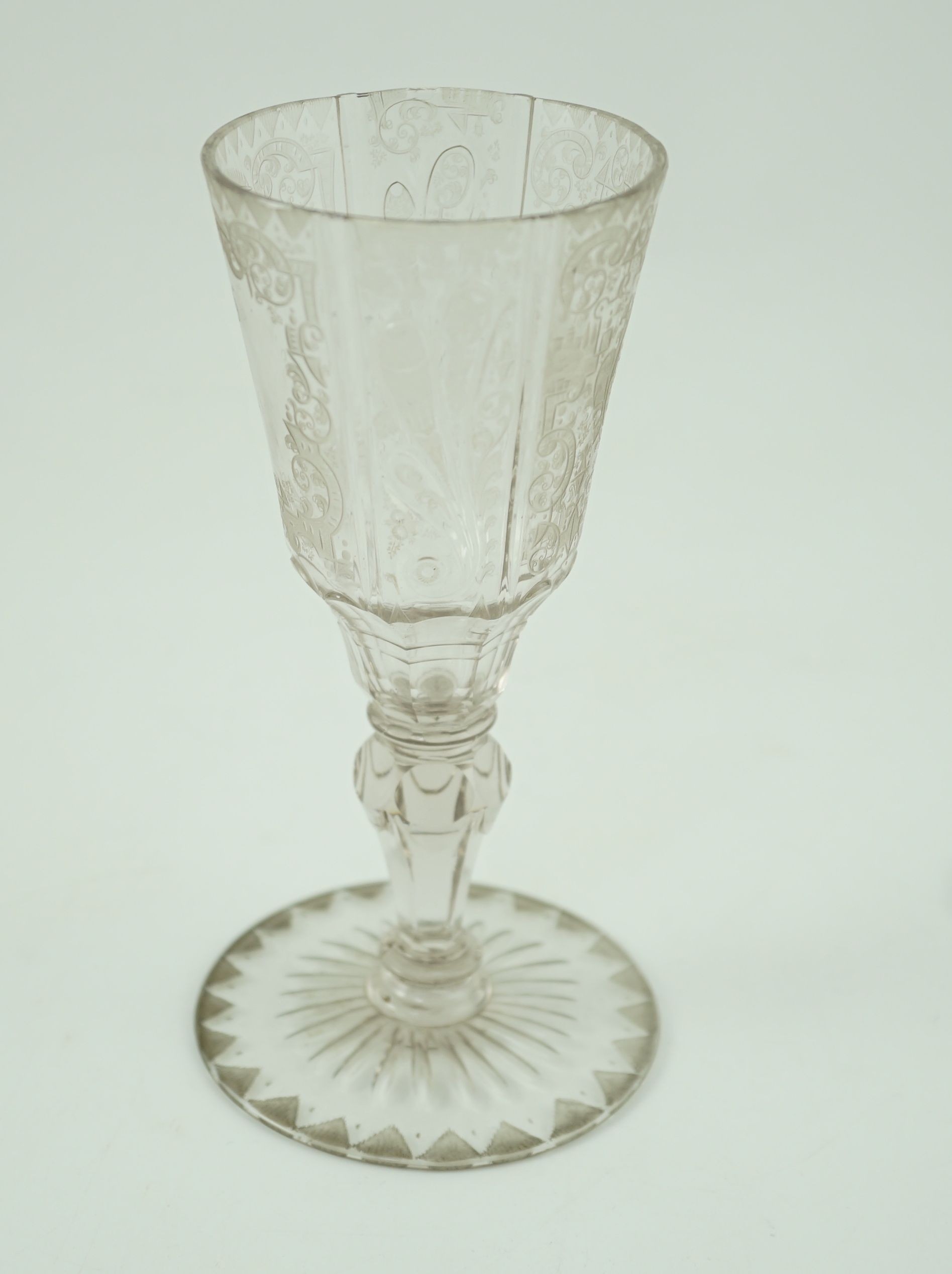 A Silesian wheel engraved glass goblet, c.1760, possibly made in Szklarska Poreba, 16.7cm high